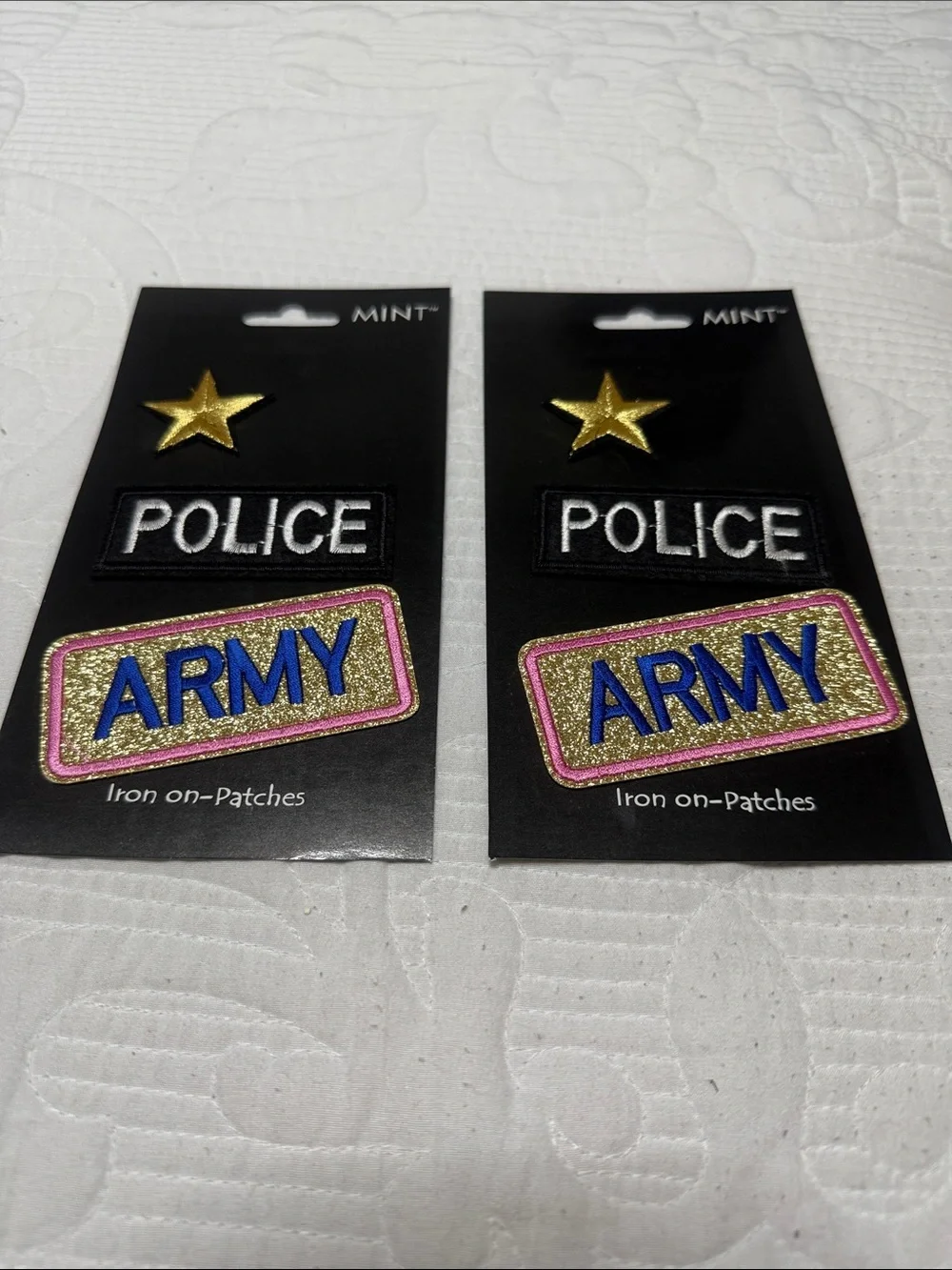 Set of 2 MINT Iron-On Patch Set - Gold Star, POLICE & ARMY Patches